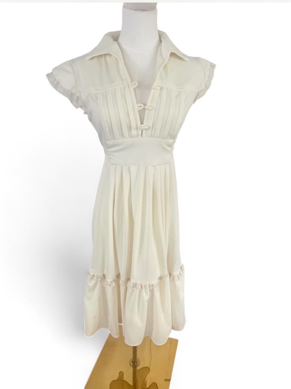 Ivory Pleated Cap-Sleeve Midi Dress